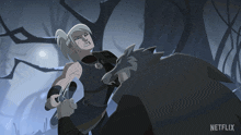 a cartoon of a woman and a wolf with netflix written on the bottom right