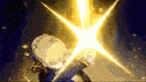 a cartoon character is holding a sword in front of a glowing light
