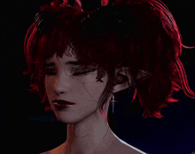 a close up of a woman 's face with red hair and a cross earring