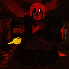 a cartoon character with a skull on his head is standing in a dark room with a yellow object in his hand .