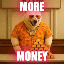 a dog wearing a shirt with rudy on it is holding a pile of gold