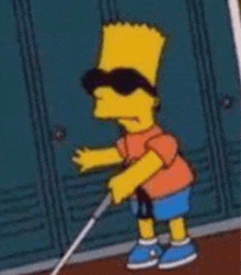 bart simpson is wearing sunglasses and holding a cane in a locker room .
