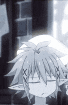 a close up of a person 's face with their eyes closed in a black and white anime .