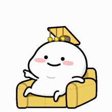 a cartoon character is sitting on a yellow couch wearing a crown and smiling .
