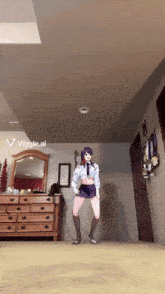 a girl is dancing in a room with a viggle.ai watermark on the bottom