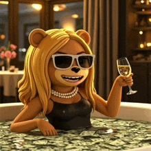 a cartoon bear is holding a glass of wine while sitting in a bathtub filled with money