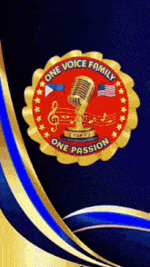 a blue and gold background with a one voice family logo