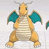 a cartoon dragon with blue wings is sitting on a grid .