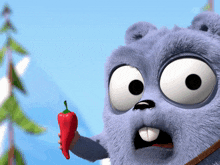 a cartoon character is holding a red pepper in his hand