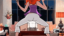 a cartoon of a woman doing a butt flip with cn on the bottom right