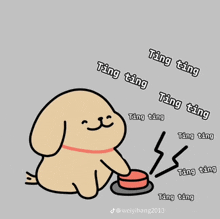 a cartoon dog is pressing a red button with the words ting ting written around it