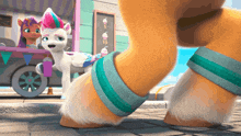 a cartoon pony is standing next to another pony on the street