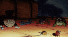 a group of cartoon characters are laying on the ground and one has a top hat on