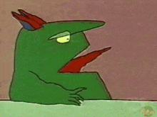 a cartoon of a green monster holding a red bottle
