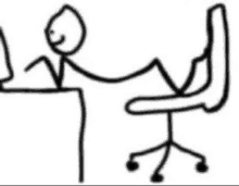 a stick figure is sitting at a desk with a chair and a laptop .