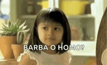 a little girl is sitting in front of a window with the words barba o homo .