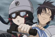 two anime characters one wearing a helmet with a chinese symbol