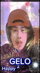 a man wearing a hat and a hoodie with the name gelo on it