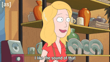 a cartoon woman says i like the sound of that in front of a shelf full of vases