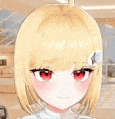 a close up of a girl 's face with blonde hair