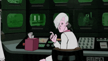 a cartoon of a woman sitting at a desk with a box of tissues in front of her that says muthen