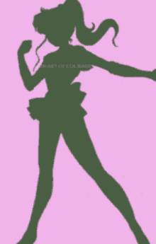 a blurry silhouette of a woman in a green dress on a pink background .