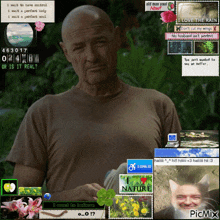 a man 's face is surrounded by a collage of images including one that says nature