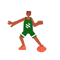 a basketball player in a green uniform is dribbling a ball .