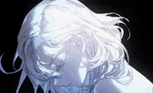 a close up of a person 's head with long white hair