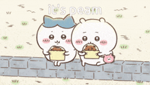 a couple of cartoon characters sitting next to each other with the words " it 's peaam " on the bottom