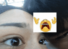 a close up of a woman 's eye with a miss na kita sticker