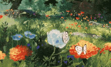 a painting of a field of flowers and butterflies
