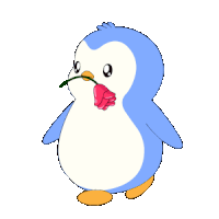 a blue and white penguin holding a red rose in its mouth
