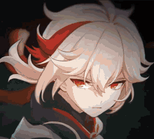 a close up of a anime character with red eyes and white hair