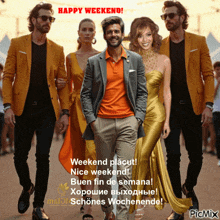 a group of people are walking in a line with the caption happy weekend