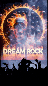 a poster for dream rock with a guitar and a skull