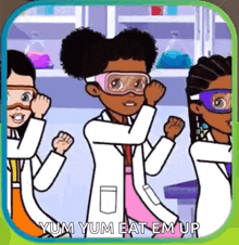 a group of girls in lab coats and goggles are dancing in a laboratory .
