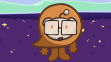 a cartoon character with glasses and a speech bubble on his head