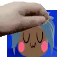 a hand is petting a cartoon character 's head with a blue background .