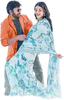 a man in an orange jacket holds a woman in a blue and white floral saree