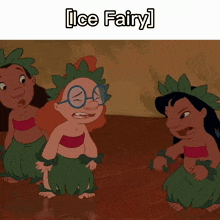 a group of cartoon characters are standing next to each other with the words [ ice fairy ] below them