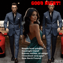 a picture of two men in suits and a woman in a green dress with the words good night