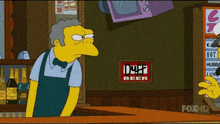 a cartoon character from the simpsons is standing at a bar .