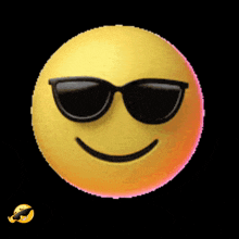 a yellow smiley face wearing sunglasses on a pink background