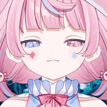a close up of a girl with pink hair