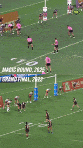 a group of rugby players are running on a field in front of an order online sign