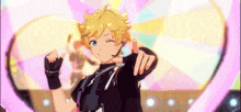 a yellow haired anime character is giving a thumbs up sign while standing in front of a pink heart .