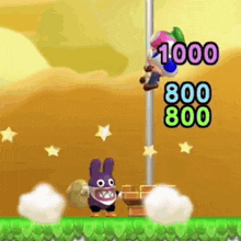 a video game scene with a purple rabbit and a man hanging from a pole