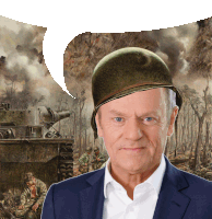 a man wearing a helmet with a speech bubble in front of a painting of soldiers