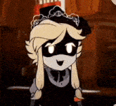 a cartoon character is wearing a mask and a top hat and smiling .